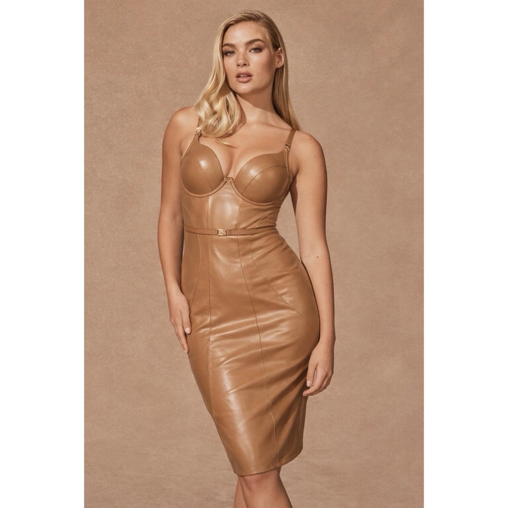 Honey Birdette Emily Dress Color Toffee Leatherette Belted Size 34B